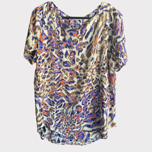 Simply Chic Boutique Print Blouse Short Sleeve Large Polyester Orange Purple - Picture 1 of 7